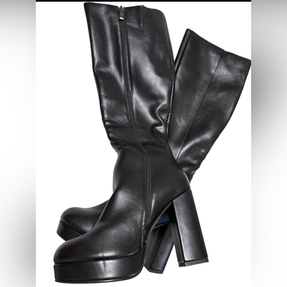 Black Platform Knee-High Leather Boots - Picture 2 of 3